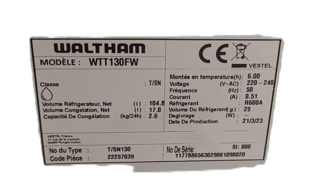 Frigo Waltham WTT130FW