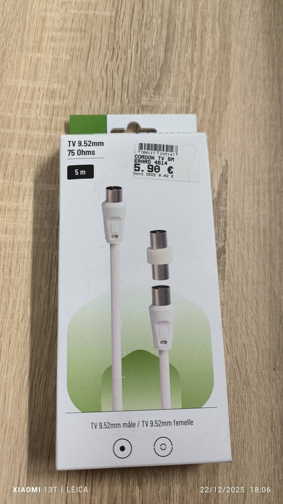 Cordon antenne 9.52mm mâle/femelle